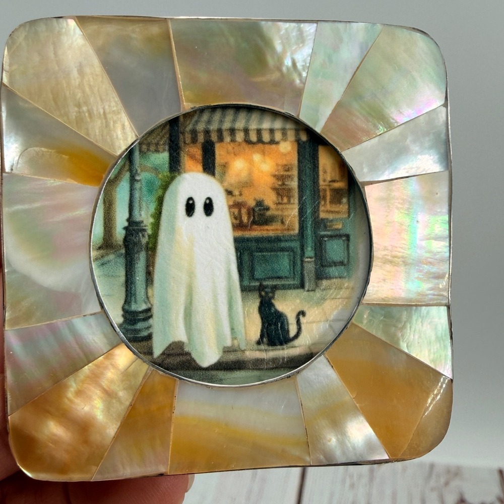 Vintage Mother of Pearl Mini Frame Ghost and Black Cat Decoupage Art Print 2.5in